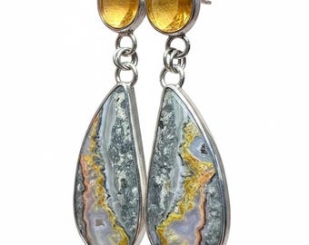 Magma Agate and Spessartine Garnet Drop Earrings, Fine Silver Bezel, Sterling Silver Backs
