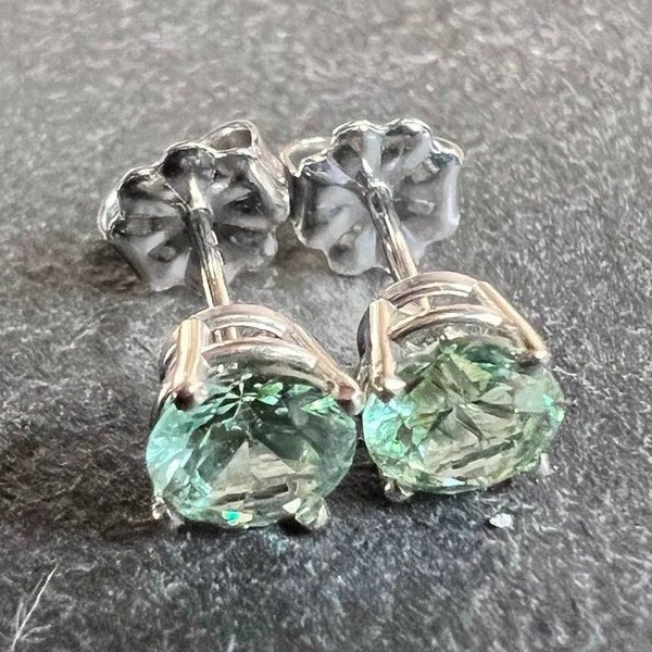 1 carat Merelani mint garnet stud earrings set in 14K white gold. Mint green grossular garnets from the Merelani hills of Tanzania.