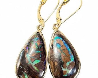 Koroit Boulder Opal Drop Earrings, 14k Yellow Gold, Australian Gemstone Jewelry