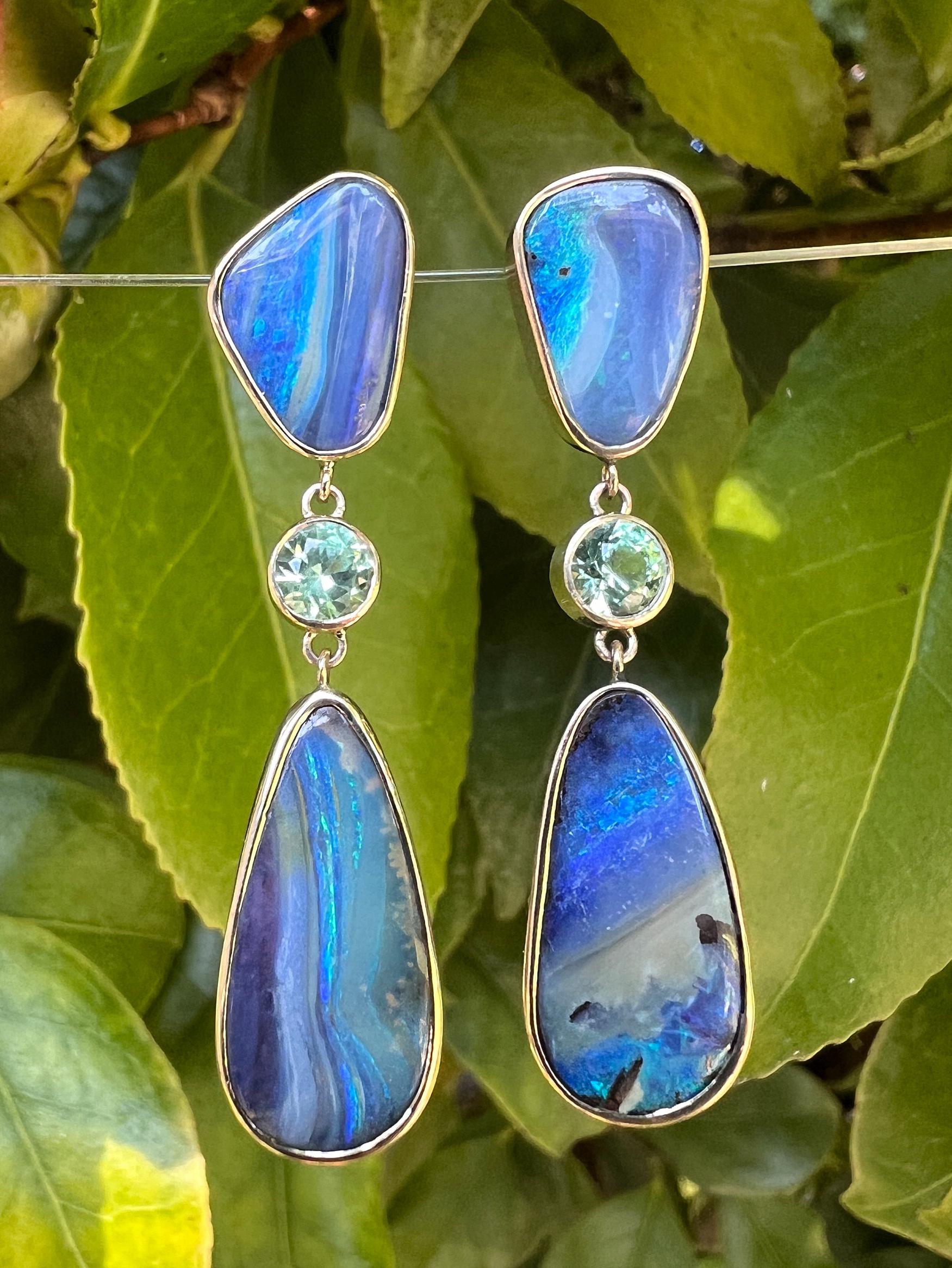 Freeform Australian boulder opal and Merelani Mint garnet drop earrings set in 14k yellow gold with locking pushbacks. Stunning gifts.