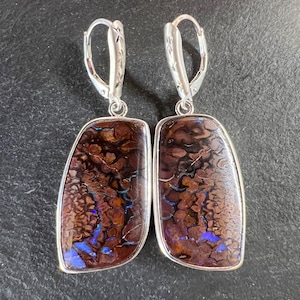 Yowah freeform boulder opal beauties set in sterling silver with lever backs.