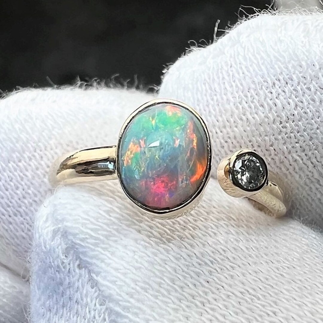 Australian Opal and Diamond 14K Gold Ring. 14K Lightning Ridge Opal ...