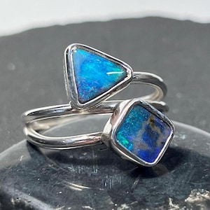 Geometric freeform all natural multi stone boulder opal ring set in sterling silver. US size 7 1/4 boulder opal ring.