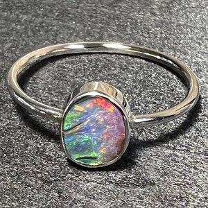Australian boulder opal minimalist 14K white gold ring. Beautiful multi color play gem boulder opal!