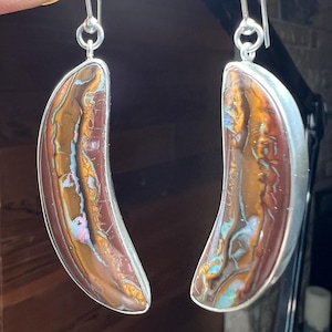 Banana Boulder Opal Earrings Set in Silver. Large Australian Boulder Opal Earrings.