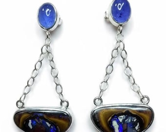 Australian Boulder Opal Tanzanite Drop Earrings, Fine Silver Sterling Bezels