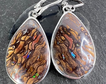 Large Teardrop Boulder Opal Earrings in Sterling Silver with Lever Backs.