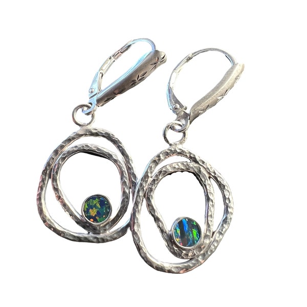 Freeform hammered sterling silver geometric drop earrings with 4mm gem Australian opal doublet dot accents, lever backs.