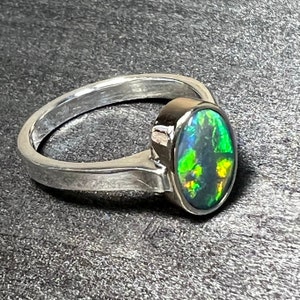 Australian Black Opal Ring 14K Bezel and Sterling Silver Band. Solid Black Crystal Opal.
