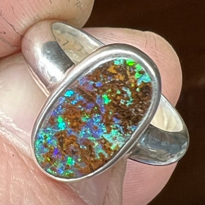 Australian Boulder Opal Ring in Sterling Silver. US size 6 boulder opal ring.