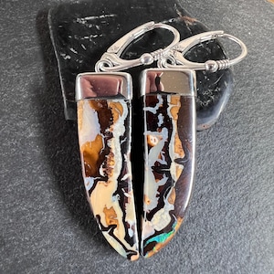 Yowah boulder opal drop earrings with sterling silver caps and lever back closure. Fantastic natural patterns in these earrings!