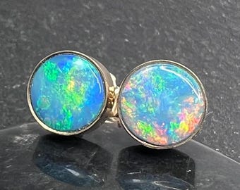 9mm Australian Opal Stud Earrings Set in 14K Yellow Gold.