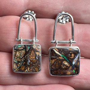 Tribal pattern Australian boulder opal purse earrings set in sterling silver with oversize pushbacks. Yowah boulder opal earrings.