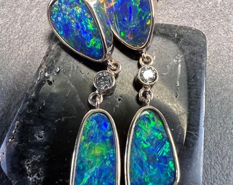 14k Yellow Gold Australian Opal and Diamond Dangle Earrings