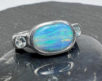 East West Boulder Opal and Aquamarine Ring Set in Sterling Silver US Size 6 3/4