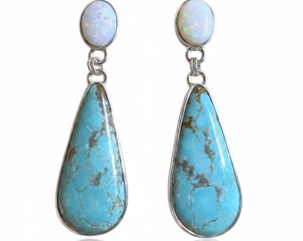 Australian White Opal and Teardrop Spiderweb Turquoise Drop Earrings in Sterling Silver with Oversize Pushbacks.