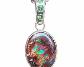 Koroit Boulder Opal Pendant With Tsavorite Garnet Accented Bail Set in Sterling Silver.