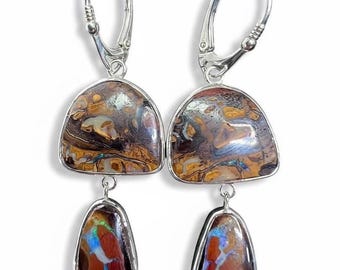 Koroit Boulder Opal Mushroom Dangle Earrings Set in Sterling Silver.