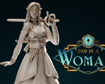 May include: A white painted figurine of a female elf character holding a sword and a flute. The figurine is standing on a white platform. The text "DND IS A WOMAN" is in the background.