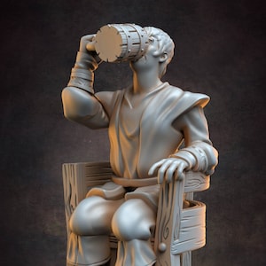 May include: A white 3D printed figurine of a person sitting on a wooden chair and drinking from a large wooden cup.