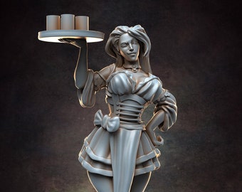 Sexy Barmaid - Tavern - D&D - Busty - Pinup - TTRPG - 32mm Miniature - Pathfinder - Unpainted - Red Clay Collectibles - The Good Ol' Tavern