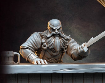 Barkeeper and Bar - Human - NPC - TTRPG - 32mm Miniature - D&D - Pathfinder - Unpainted - Red Clay Collectibles - The Good Ol&#39; Tavern