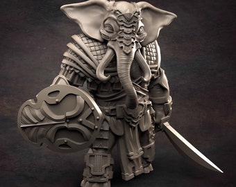 Loxodon Fighter - D&D - Elephant - Sword and Shield- TTRPG - 32mm Miniature - Pathfinder - Unpainted - Red Clay Collectibles