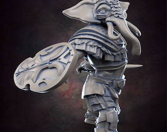 Male Loxodon Fighter Pose 2 - D&D - Elephant - Sword and Shield- TTRPG - 32mm Miniature - Pathfinder - Unpainted - Red Clay Collectibles