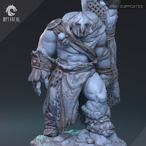 May include: A detailed, light gray 3D-printed fantasy figure of a muscular humanoid warrior. The figure is adorned with armor, rope, and chains, and carries a large, ornate object. The Mythreal logo is visible in the upper left corner, and the text "PRE-SUPPORTED" is in the upper right.