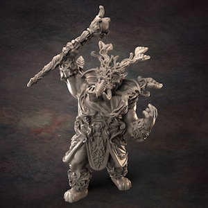 May include: A detailed miniature figurine of a creature with a humanoid body, elephant trunk, and antlers. The creature is wearing a robe with intricate carvings and holding a staff with a leafy top.