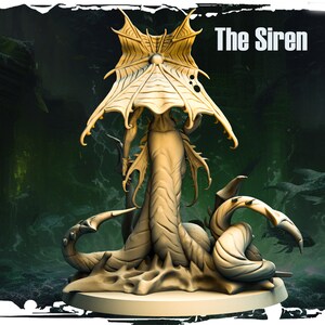 May include: A beige sculpture of a siren with a large, fan-like headpiece and a serpentine body. The sculpture is on a round base, with the text "The Siren" in white on the upper right. The background is a dark green with water-like patterns.