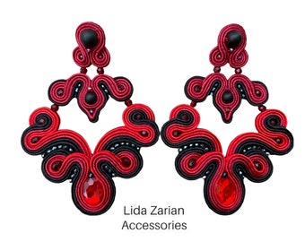 Orecchini soutache lampadario oversize - Orecchini a clip lunghi - Smeraldi rossi o verdi