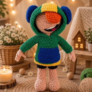 Handgemaakte groene gehaakte pop met capuchon, amigurumi-jongensspeelgoed, zachte katoenmix, 15 cm