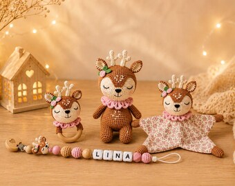Conjunto de regalo personalizado de ganchillo con diseño de ciervo para bebé: peluche, sonajero y clip para chupete. Regalo ideal para baby shower de niña recién nacida.