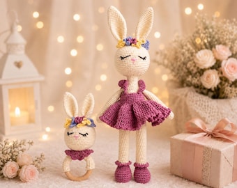 Muñeco de conejito de ganchillo hecho a mano con sonajero, juguete amigurumi, 40 cm