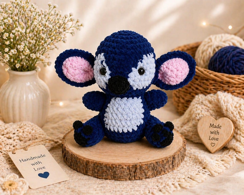 Puede incluir: Un juguete de peluche de ganchillo azul y blanco hecho a mano con el interior de las orejas rosa, sentado sobre una rodaja de madera. El juguete tiene ojos negros y una nariz negra. Una etiqueta que dice "Handmade with Love" est&aacute; al lado.