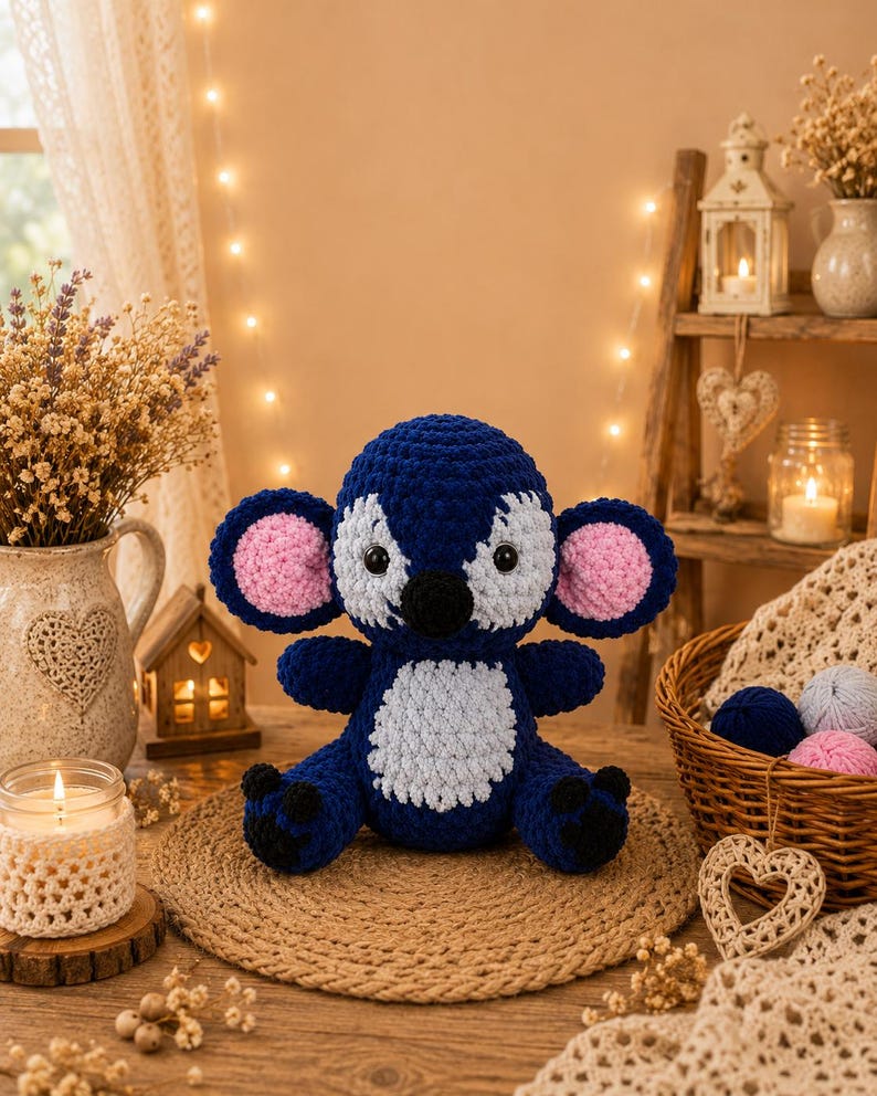 Puede incluir: Un koala de ganchillo azul y blanco hecho a mano con orejas internas rosas y detalles negros. El peluche est&aacute; sentado sobre una estera redonda tejida. El koala tiene una barriga blanca y est&aacute; rodeado de objetos decorativos.