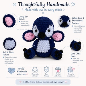 Puede incluir: Un peluche azul hecho a mano con orejas rosas y una barriga blanca. El juguete tiene detalles faciales bordados y lindas patitas. El texto de la imagen dice "Thoughtfully Handmade" y "Made with love in every stitch."