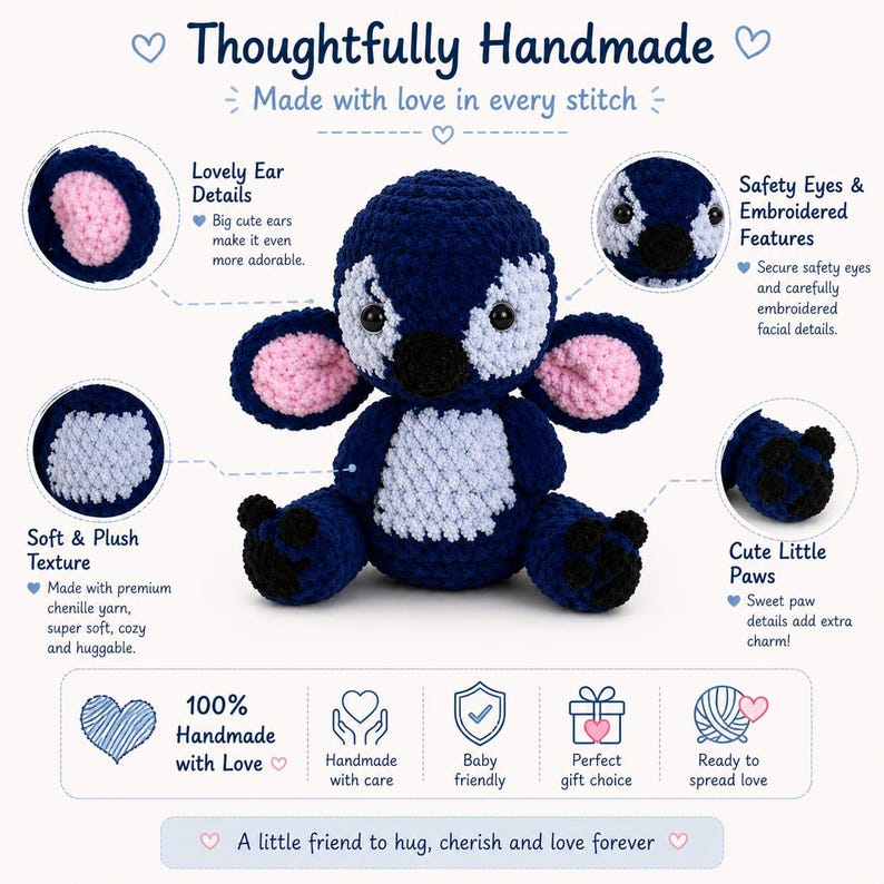 Puede incluir: Un peluche azul hecho a mano con orejas rosas y una barriga blanca. El juguete tiene detalles faciales bordados y lindas patitas. El texto de la imagen dice "Thoughtfully Handmade" y "Made with love in every stitch."