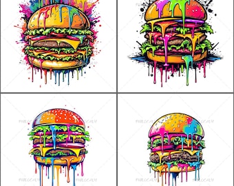 Pacchetto PNG hamburger colorati, set clipart fast food dei cartoni animati, grafica cheeseburger arcobaleno, design per buongustai