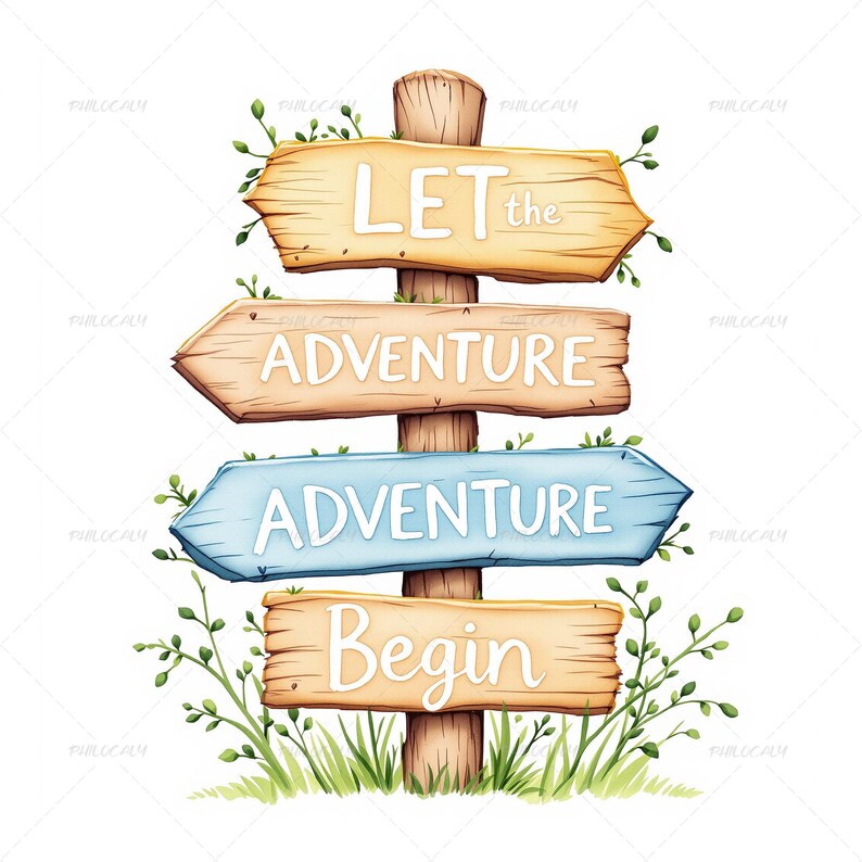 Adventure Awaits PNG Set, Rustic Sign Post Clipart, Travel Quotes, Wood ...