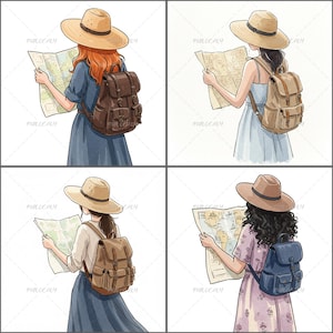 Paquete PNG de viajero, clipart de mujer mochilera, gráficos de aventura, lectura de mapas, sublimación de chica viajera