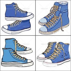 Blue Sneakers PNG Set, High Top Shoes Clipart, Fashion Sneakers, Shoe Designs, Sublimation Graphics, Sneakers Artwork