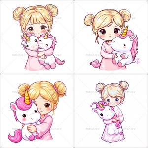 Cute Girl Unicorn PNG Set, Kawaii Clipart For Shirt, Cartoon Girl Graphics, Unicorn Hugging Sublimation Design