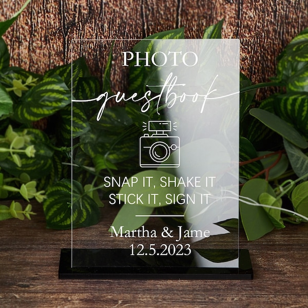 Foto-Gästebuch Snap It Shake It Stick It Sign It Klarglas-Optik Acryl Hochzeit Zeichen Photobooth Station Gästebuch Lucite Tischschild