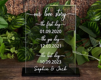 Ons liefdesverhaal teken, de eerste dag Ja dag beste dag, helder acryl liefdesverhaal teken, boog bruiloft teken, speciale datum teken, bruiloft decor