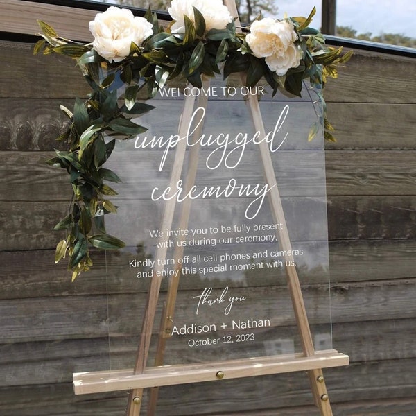 Plaque de bienvenue en acrylique pour cérémonie de bienvenue, plaque de mariage Unplugged, décoration de mariage moderne, plaque de mariage en acrylique, plaque de cérémonie de bienvenue