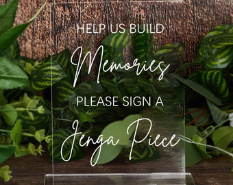 Aidez-nous à créer des souvenirs, veuillez signer une pièce en Jenga, plaque de mariage en acrylique, plaque de livre d'or pour mariage Jenga, signalisation de mariage, plaque de jeu Jenga