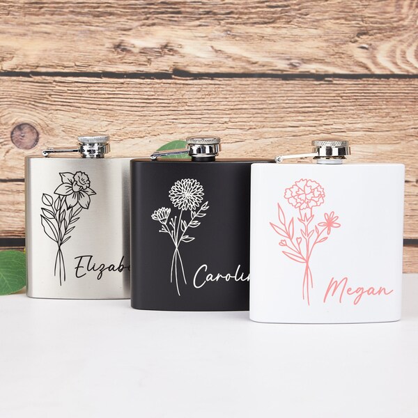Personalised Flask for Women, Bridesmaid Flasks, 6oz Stainless Steel Hip Flask, Birth Flower Flask, Birthday Gift for Her, Bridal Party Gift