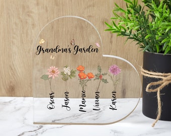 Mothers Day Gifts,Grandma's Garden Block,Moms Plaque,Birth Flower Sign,Mothers Gifts,Mothers Day Gifts from Daughter Son,Family Name Sign